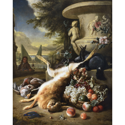 A grouse, kingfisher, and other game birds with a hare and a basket of fruit at the foot of a carved stone urn, an Italianate garden with a fountain beyond
